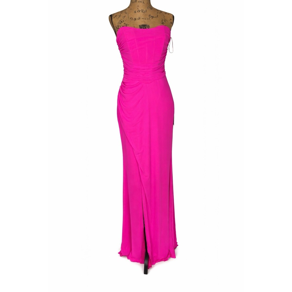 Lulus Hot Barbie Pink Strapless Ruched Maxi Dress Slit NWT Size L Formal Party